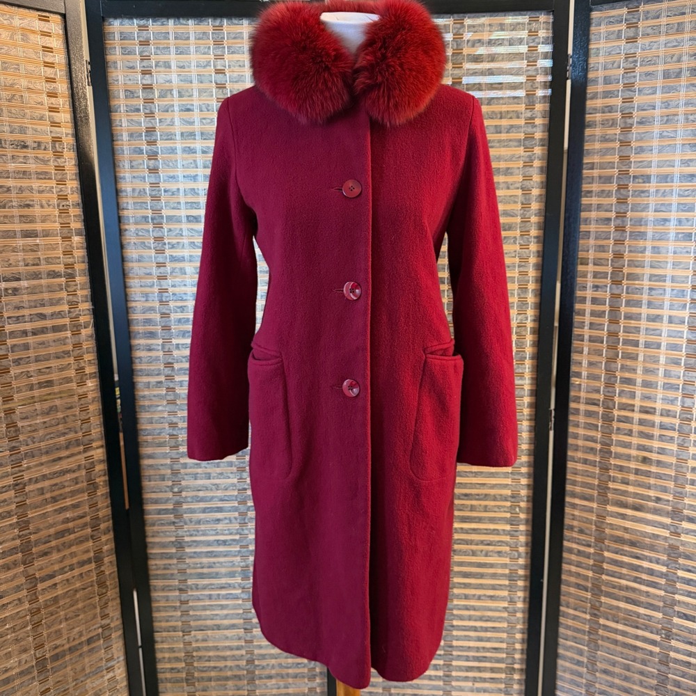 Madeline by Alorna Wool Coat Women 8 Red Fur Collar Vintage Formal Elegant